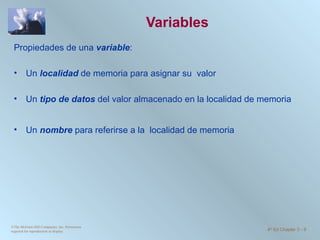 Variables Propiedades de una  variable :   Un  localidad  de memoria para asignar su  valor Un  tipo de datos  del valor almacenado en la localidad de memoria Un  nombre  para referirse a la  localidad de memoria ©The McGraw-Hill Companies, Inc. Permission required for reproduction or display. 4 th  Ed Chapter 3  -  