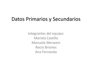 Datos Primarios y Secundarios Integrantes del equipo: Mariela Castillo Manuela Werwein Rocio Briones Ana Fernanda 