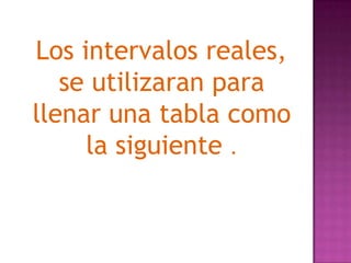 Los intervalos reales,
   se utilizaran para
llenar una tabla como
     la siguiente .
 