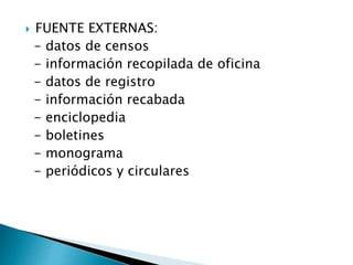  FUENTE EXTERNAS:
- datos de censos
- información recopilada de oficina
- datos de registro
- información recabada
- enciclopedia
- boletines
- monograma
- periódicos y circulares
 