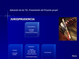 Aplicación de las TIC. Presentación del Proyecto grupal Menú JURISPRUDENCIA Jurisprudencia -Concepto -Función -Consecuencia practica Fuentes Concepto - Ambito Sentencias España STC 290/2000 STC 292/2000 Tribunal Supremo Comunidad Europea. Conclusiones 