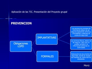 Aplicación de las TIC. Presentación del Proyecto grupal PREVENCION Menú 