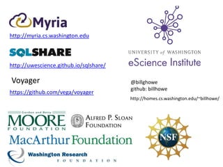 http://myria.cs.washington.edu
http://uwescience.github.io/sqlshare/
https://github.com/vega/voyager
Voyager @billghowe
github: billhowe
http://homes.cs.washington.edu/~billhowe/
 