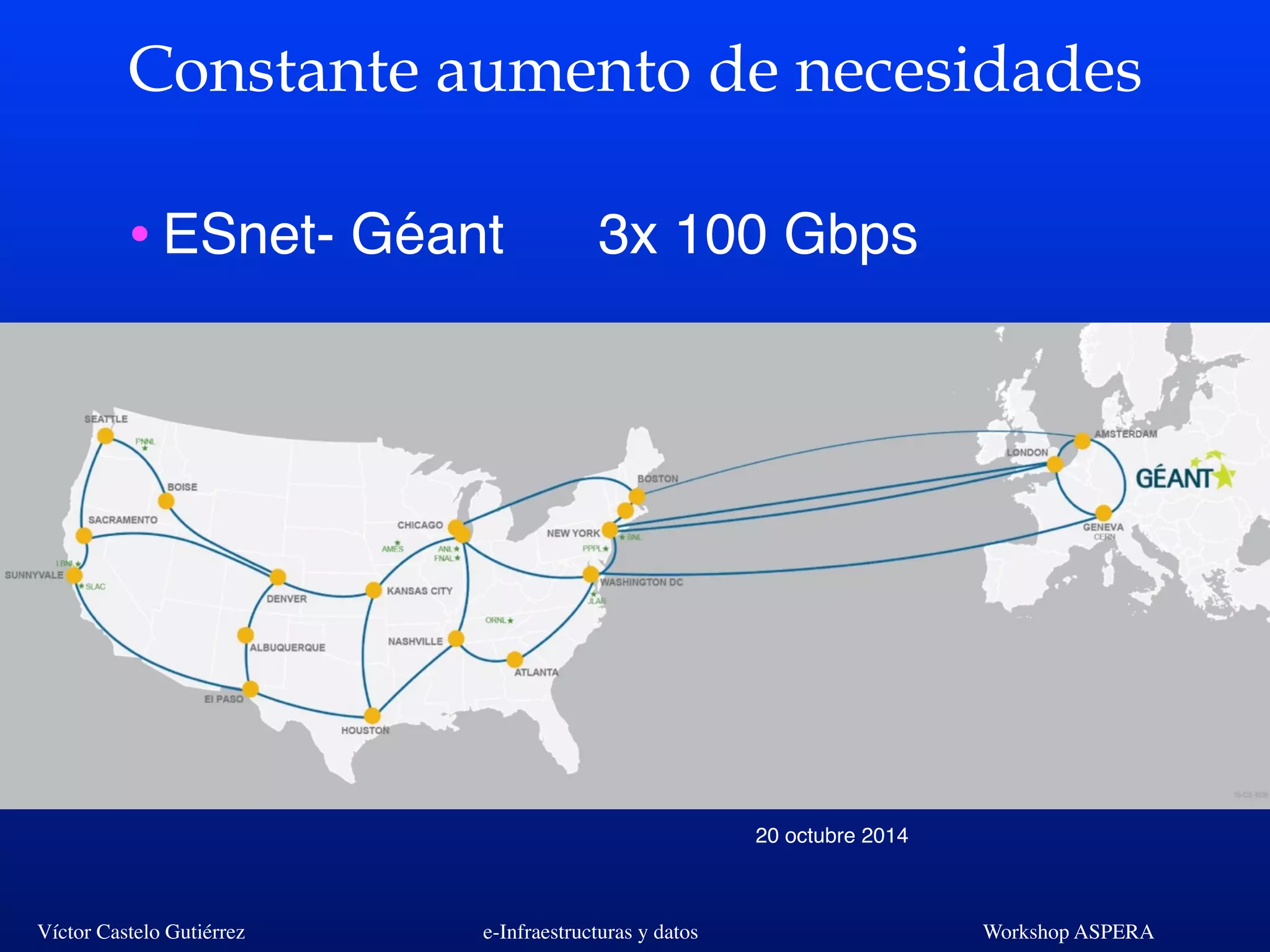 Víctor Castelo Gutiérrez e-Infraestructuras y datos Workshop ASPERA
Constante aumento de necesidades
•ESnet- Géant 3x 100 Gbps
20 octubre 2014
 