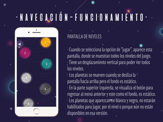 ·navegación-funcionamiento·
PANTALLADE NIVELES
· Cuando se selecciona la opción de “jugar”, aparece esta 
pantalla, donde se muestran todos los niveles del juego. 
·Tiene un desplazamiento vertical para poder ver todos 
los niveles. 
· Los planetas se mueven cuando se desliza la 
pantalla hacia arriba pero el fondo es estático. 
· En la parte superior izquierda, se visualiza el botón para 
regresar al menú anterior y este como el fondo, es estático. 
· Los planetas que aparezcan en blanco y negro, no estarán 
habilitados para jugar, por el nivel o porque aún no están  
disponibles en esa versión.
 