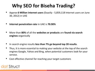 Why SEO for Biseha Trading?
 Approx 6 Million internet users (Exactly - 5,859,118 Internet users on June
30, 2012) in UAE
 Internet penetration rate in UAE is 70.90%
 More than 80% of all the websites or products are found via search
engines organically
 In search engine results less than 7% go beyond top 20 results.
 Thus, It is more essential to making your website at the top of the search
engines Google, Yahoo and Bing, when potential customers look for your
service.
 Cost effective channel for reaching your target customers
 