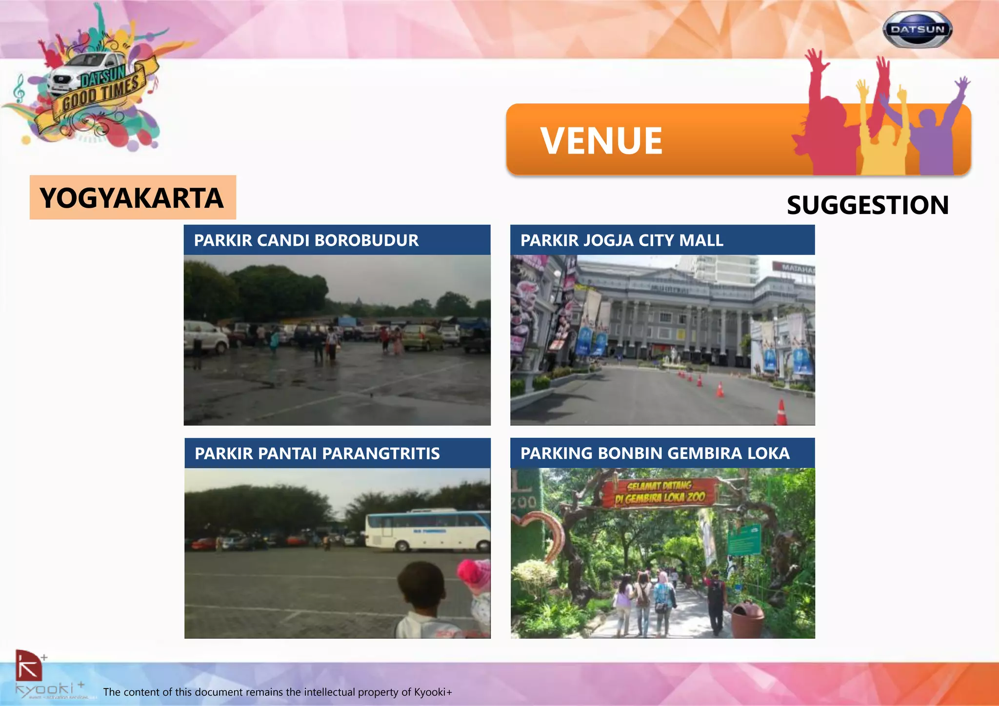The content of this document remains the intellectual property of Kyooki+
VENUE
PARKIR CANDI BOROBUDUR
PARKIR PANTAI PARANGTRITIS
PARKIR JOGJA CITY MALL
PARKING BONBIN GEMBIRA LOKA
YOGYAKARTA SUGGESTION
 