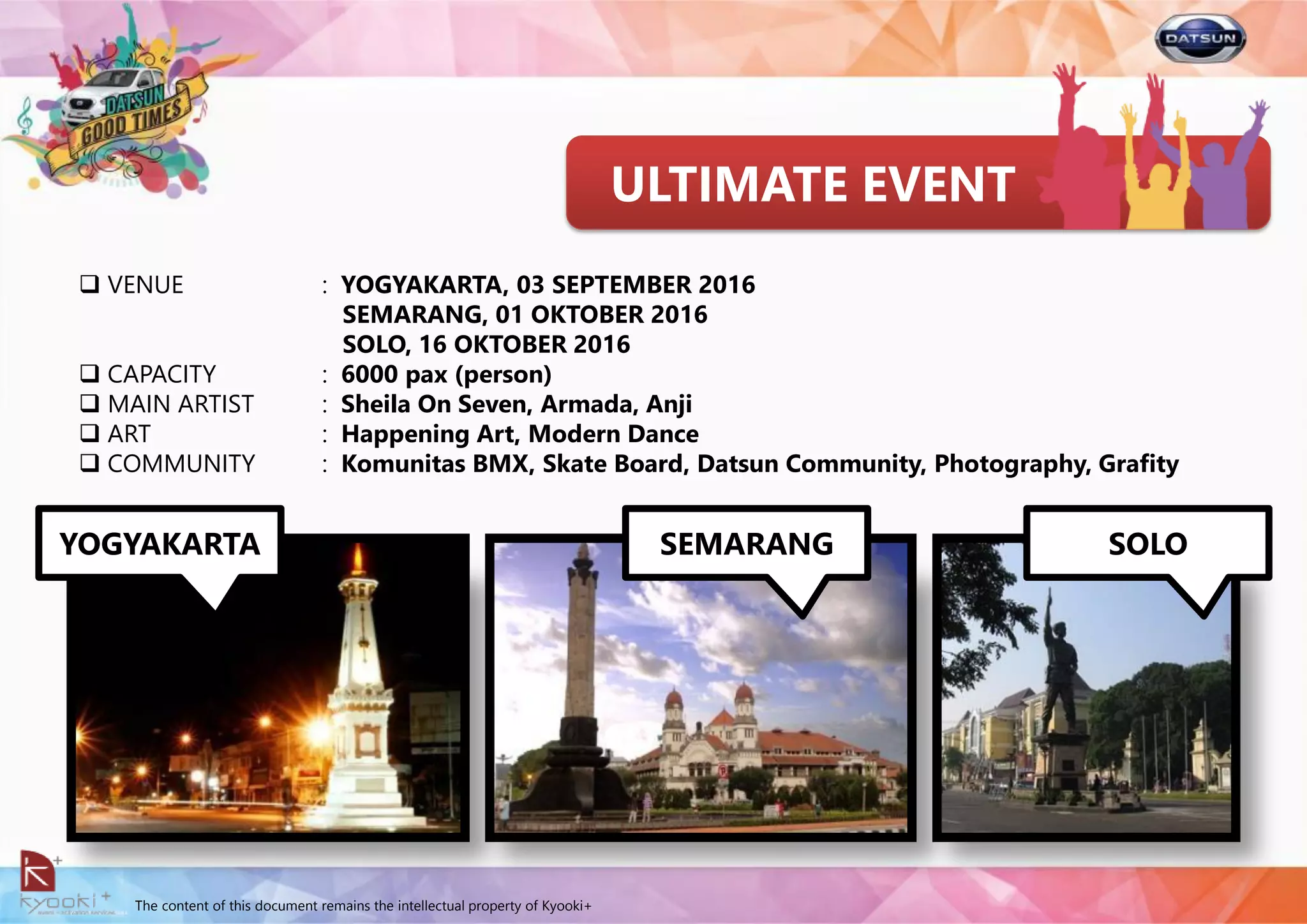 The content of this document remains the intellectual property of Kyooki+
 VENUE : YOGYAKARTA, 03 SEPTEMBER 2016
SEMARANG, 01 OKTOBER 2016
SOLO, 16 OKTOBER 2016
 CAPACITY : 6000 pax (person)
 MAIN ARTIST : Sheila On Seven, Armada, Anji
 ART : Happening Art, Modern Dance
 COMMUNITY : Komunitas BMX, Skate Board, Datsun Community, Photography, Grafity
ULTIMATE EVENT
YOGYAKARTA SEMARANG SOLO
 