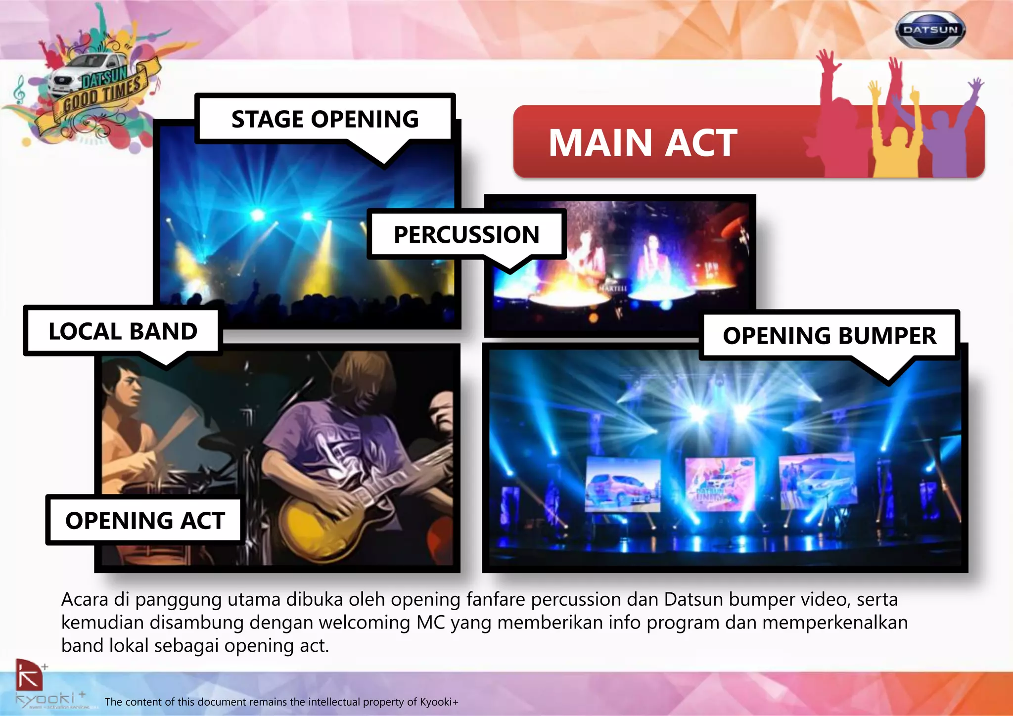 The content of this document remains the intellectual property of Kyooki+
MAIN ACT
Acara di panggung utama dibuka oleh opening fanfare percussion dan Datsun bumper video, serta
kemudian disambung dengan welcoming MC yang memberikan info program dan memperkenalkan
band lokal sebagai opening act.
LOCAL BAND
OPENING ACT
STAGE OPENING
OPENING BUMPER
PERCUSSION
 