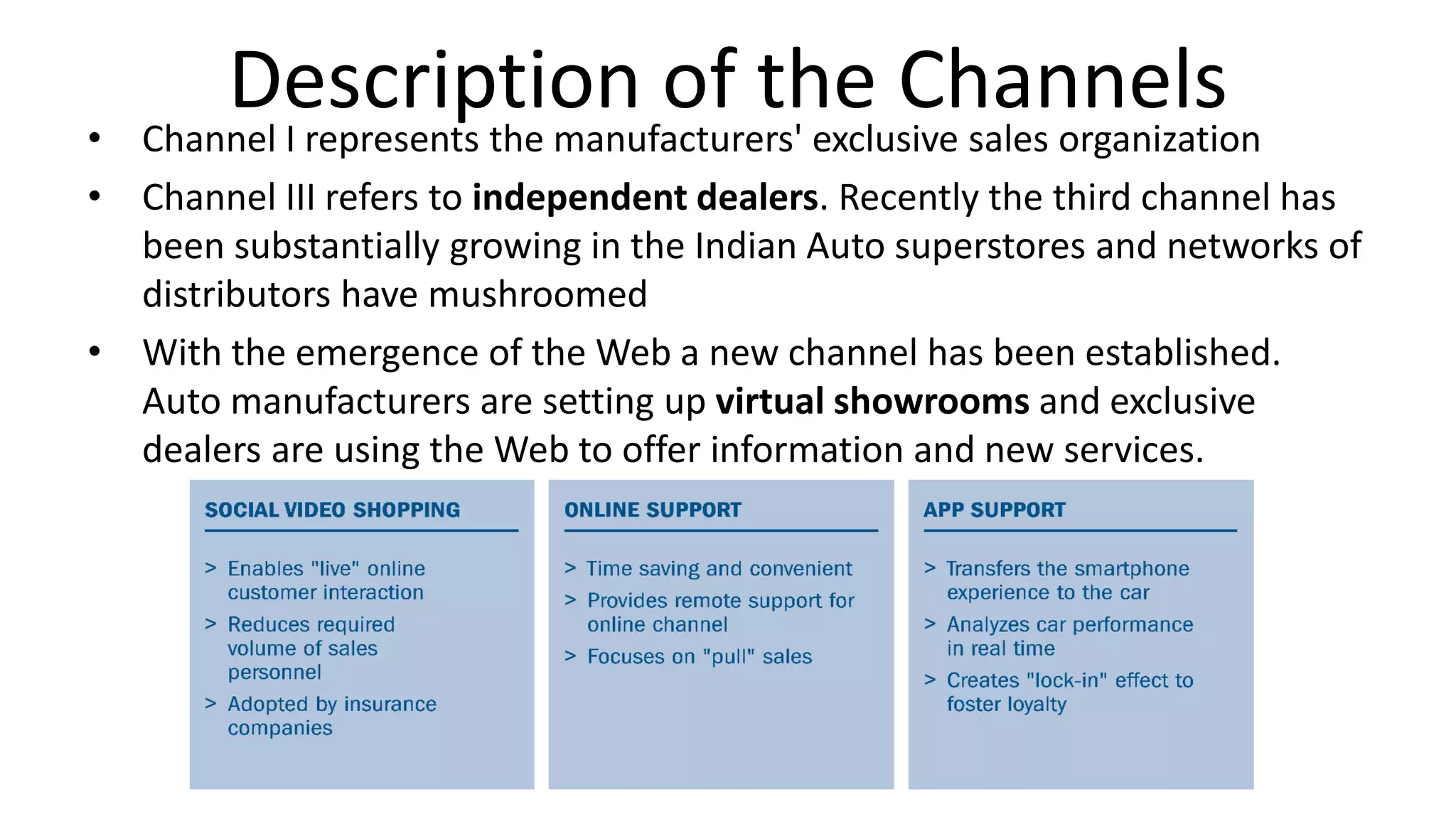 Description of the Channels• Channel I represents the manufacturers' exclusive sales organization
• Channel III refers to independent dealers. Recently the third channel has
been substantially growing in the Indian Auto superstores and networks of
distributors have mushroomed
• With the emergence of the Web a new channel has been established.
Auto manufacturers are setting up virtual showrooms and exclusive
dealers are using the Web to offer information and new services.
 