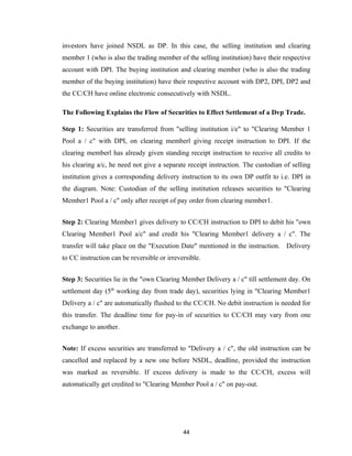 investors have joined NSDL as DP. In this case, the selling institution and clearing
member 1 (who is also the trading member of the selling institution) have their respective
account with DPI. The buying institution and clearing member (who is also the trading
member of the buying institution) have their respective account with DP2, DPI, DP2 and
the CC/CH have online electronic consecutively with NSDL.

The Following Explains the Flow of Securities to Effect Settlement of a Dvp Trade.

Step 1: Securities are transferred from "selling institution i/e" to "Clearing Member 1
Pool a / c" with DPI, on clearing memberl giving receipt instruction to DPI. If the
clearing memberl has already given standing receipt instruction to receive all credits to
his clearing a/c, he need not give a separate receipt instruction. The custodian of selling
institution gives a corresponding delivery instruction to its own DP outfit to i.e. DPI in
the diagram. Note: Custodian of the selling institution releases securities to "Clearing
Member1 Pool a / c" only after receipt of pay order from clearing member1.


Step 2: Clearing Member1 gives delivery to CC/CH instruction to DPI to debit his "own
Clearing Member1 Pool a/c" and credit his "Clearing Member1 delivery a / c". The
transfer will take place on the "Execution Date" mentioned in the instruction. Delivery
to CC instruction can be reversible or irreversible.


Step 3: Securities lie in the "own Clearing Member Delivery a / c" till settlement day. On
settlement day (5th working day from trade day), securities lying in "Clearing Member1
Delivery a / c" are automatically flushed to the CC/CH. No debit instruction is needed for
this transfer. The deadline time for pay-in of securities to CC/CH may vary from one
exchange to another.


Note: If excess securities are transferred to "Delivery a / c", the old instruction can be
cancelled and replaced by a new one before NSDL, deadline, provided the instruction
was marked as reversible. If excess delivery is made to the CC/CH, excess will
automatically get credited to "Clearing Member Pool a / c" on pay-out.




                                             44
 