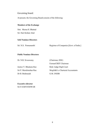 Governing board:

At present, the Governing Board consists of the following:


Members of the Exchange

Smt. Meena H. Bhattad
Sri. Hari Kishan Attal


Sebi Nominee Directors

Sri. N.S. Ponnunambi                    Registrar of Companies [Govt. of India.]



Public Nominee Directors

Dr. N.R. Sivaswamy                      (Chairman, HSE)
                                        FormarCBDT Chairman
Justice V. Bhaskara Rao                 Retd. Judge High Court
Sri P. Muralimohan Rao                  Mogili&Co.-Chartered Accountants
Dr B. Brahmaiah                         G.M. JNIDB




Executive director
Sri S SARVESHWAR




                                           8
 