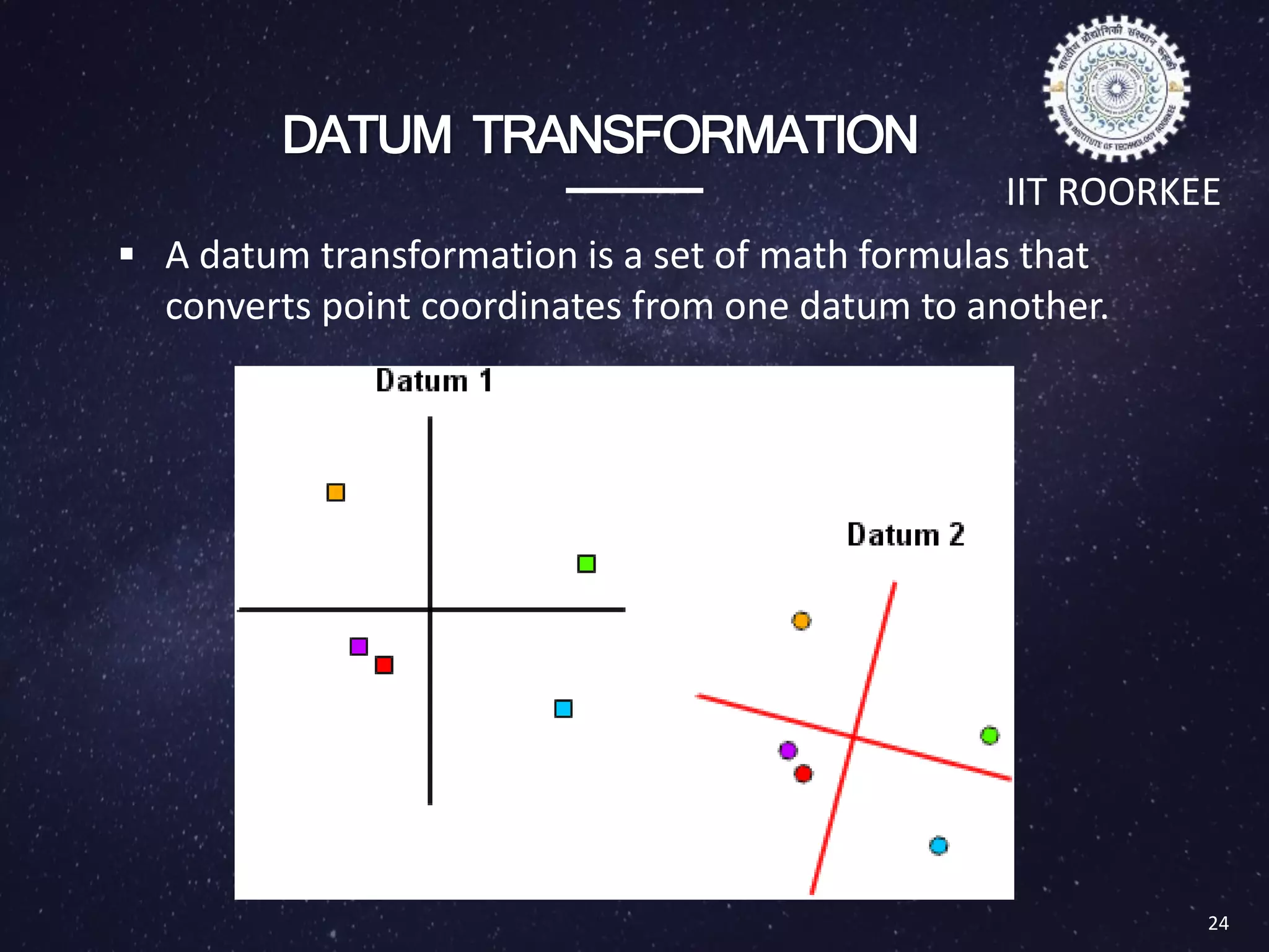 DATUM TRANSFORMATION
 A datum transformation is a set of math formulas that
converts point coordinates from one datum to another.
24
IIT ROORKEE
 