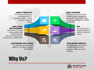 Why Us?
GROUP PRESENCE
Part of a diversified group
with presence in 12
countries in Africa, in Hong
Kong, Australia and
Canada
LONG TERM
RELATIONSHIP
More than 85% of our
active positions are
repeat business.
65% of our clients have
referred us to another client
CUSTOMISED SOLUTIONS
Our solutions are customized
based on our clients’ business
requirements
WIDE NETWORK
Wide spread network across
multiple sectors, geographies
and levels. Proven track record
of placing candidates of multiple
nationalities
ROI
Our quality driven
solution justifies our
clients’ recruitment
spend.
TIME BOUND SERVICE
We value time and hence our
solutions are time bound
keeping in mind our client’s
timelines
 