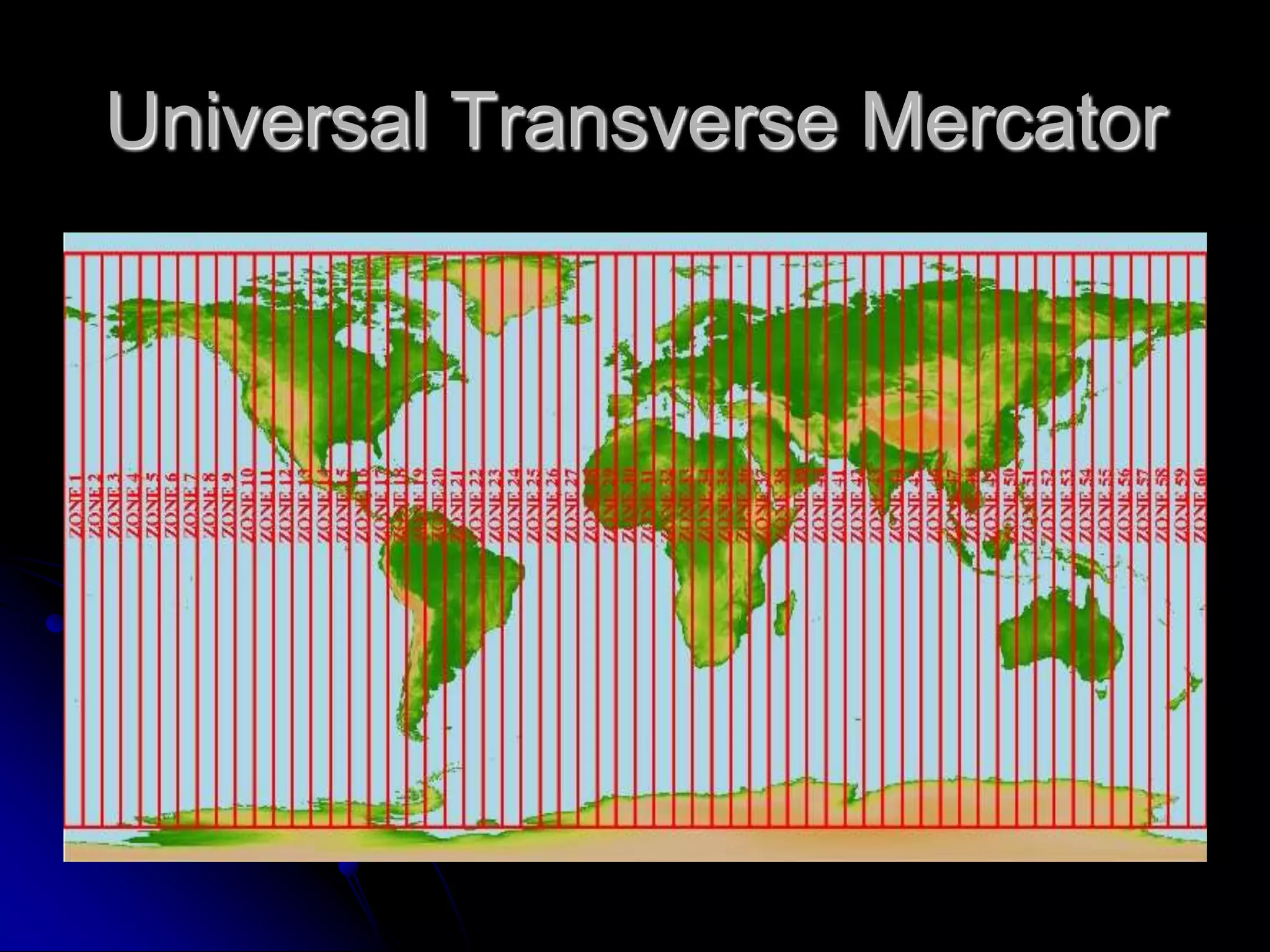 Map ProjectionsMap ProjectionsMap ProjectionsA map projection is used to portray all or part of the round Earth on a flat surface. This cannot be done without some distortion.Every projection has its own set of advantages and disadvantages. There is no &quot;best&quot; projection.The mapmaker must select the one best suited to the needs, reducing distortion of the most important features.Mapmakers and mathematicians have devised almost limitless ways to project the image of the globe onto paper. Scientists at the U. S. Geological Survey have designed projections for their specific needs—such as the Space Oblique Mercator, which allows mapping from satellites with little or no distortion.These slides gives the key properties, characteristics, and preferred uses of several historically important projections and of those frequently used by mapmakers today.Gerardus Mercator (1512-1594). Frontispiece to Mercator&apos;s Atlas sive Cosmographicae, 1585-1595. Courtesy of the Library of Congress, Rare Book Division, Which ones best suit your needs?Every flat map misrepresents the surface of the Earth in some way. No map can rival a globe in truly representing the surface of the entire Earth. However, a map or parts of a map can show one or more—but never all—of the following: True directions. True distances. True areas. True shapes.For example, the basic Mercator projection is unique; it yields the only map on which a straight line drawn anywhere within its bounds shows a particular type of direction, but distances and areas are grossly distorted near the map&apos;s polar regions.On an equidistant map, distances are true only along particular lines such as those radiating from a single point selected as the center of the projection. Shapes are more or less distorted on every equal-area map. Sizes of areas are distorted on conformal maps even though shapes of small areas are shown correctly. The degree and kinds of distortion vary with the projection used in making a map of a particular area. Some projections are suited for mapping large areas that are mainly north-south in extent, others for large areas that are mainly east-west in extent, and still others for large areas that are oblique to the Equator.The scale of a map on any projection is always important and often crucial to the map&apos;s usefulness for a given purpose. For example, the almost grotesque distortion that is obvious at high latitudes on a small-scale Mercator map of the world disappears almost completely on a properly oriented large-scale Transverse Mercator map of a small area in the same high latitudes. A large-scale (1:24,000) 7.5-minute USGS Topographic Map based on the Transverse Mercator projection is nearly correct in every respect.  A basic knowledge of the properties of commonly used projections helps in selecting a map that comes closest to fulfilling a specific need.