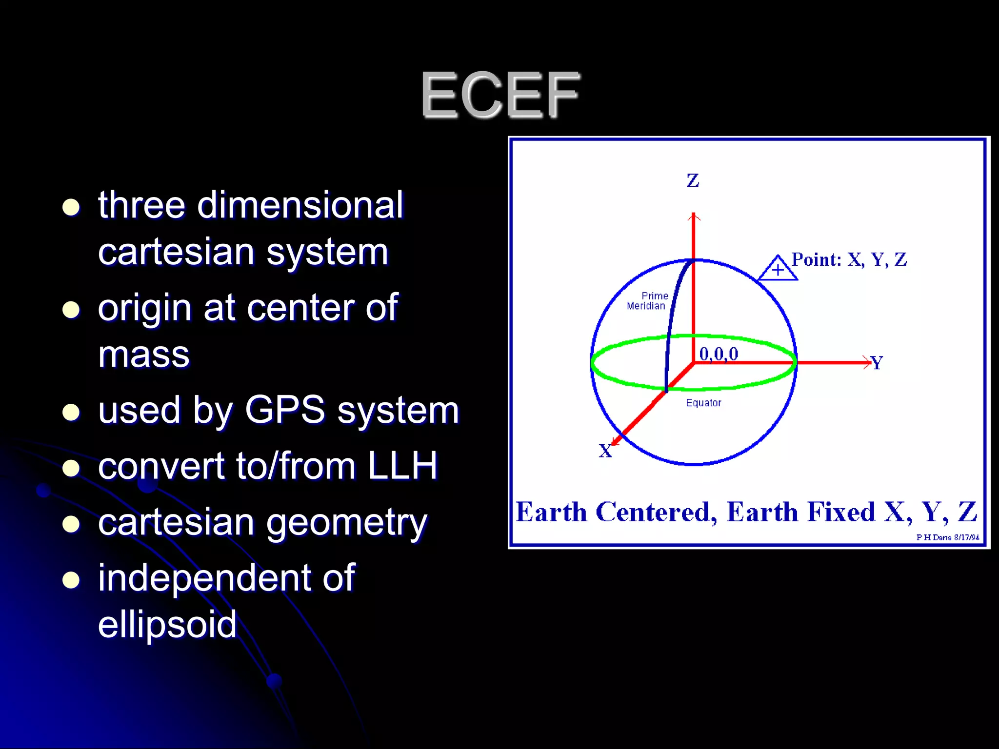 Vertical DatumsNGVD 1929 (previously called Mean Sea Level)Fixed to the tide level at 29 stations across the US and CanadaDistortions present for various reasonsUsed in US from 1930’s until 1990Still used in many areas for legacy reasons