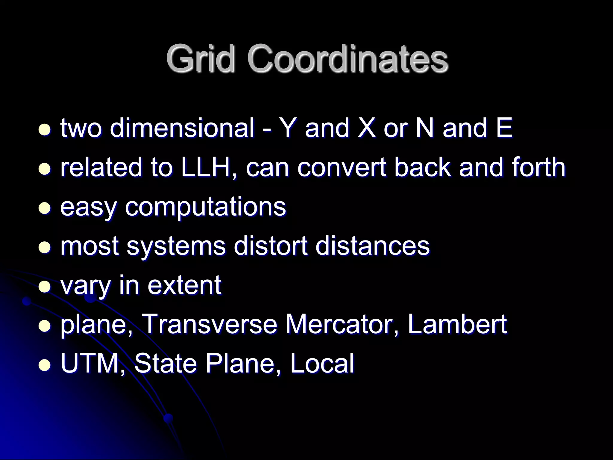 ECEFthree dimensional cartesian systemorigin at center of massused by GPS systemconvert to/from LLHcartesian geometryindependent of ellipsoid