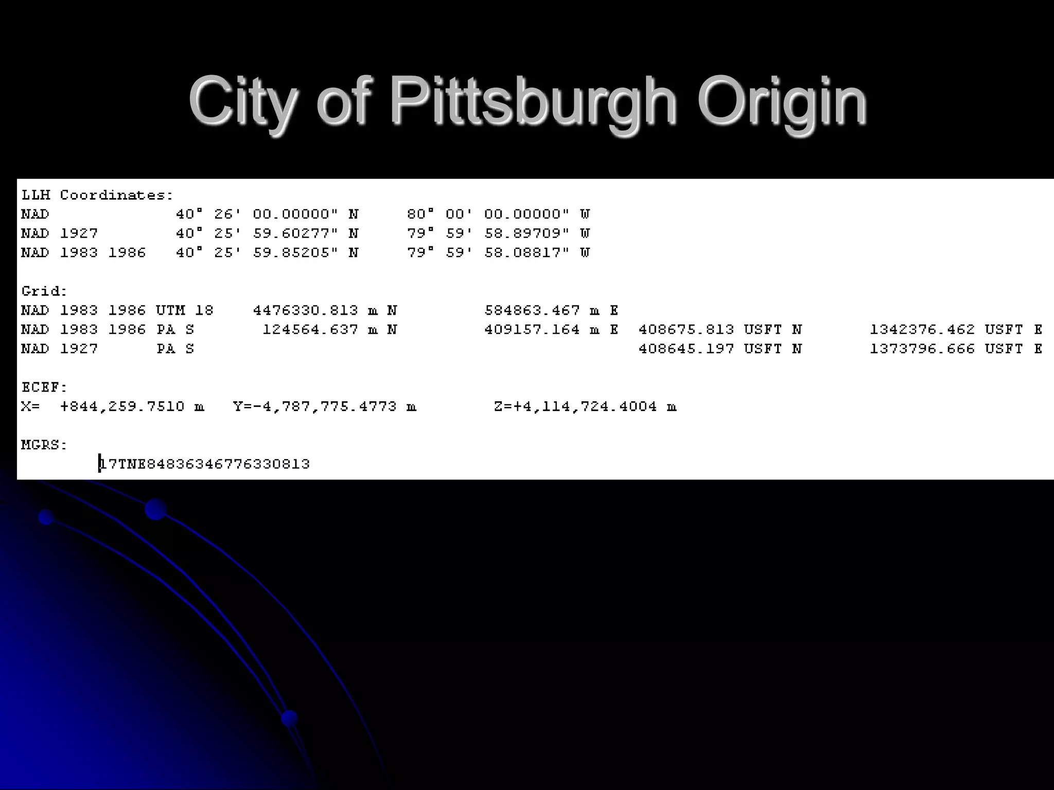 UTMUniversal Transverse Mercatordeveloped by US militaryworldwide, broken into sixty 6° zonesmaximum distance distortion 400 ppmMGRS - Military Grid Reference Systemtransform to/from LLHeasy to program into GPS receiverUS National Grid – 1 meter resolution