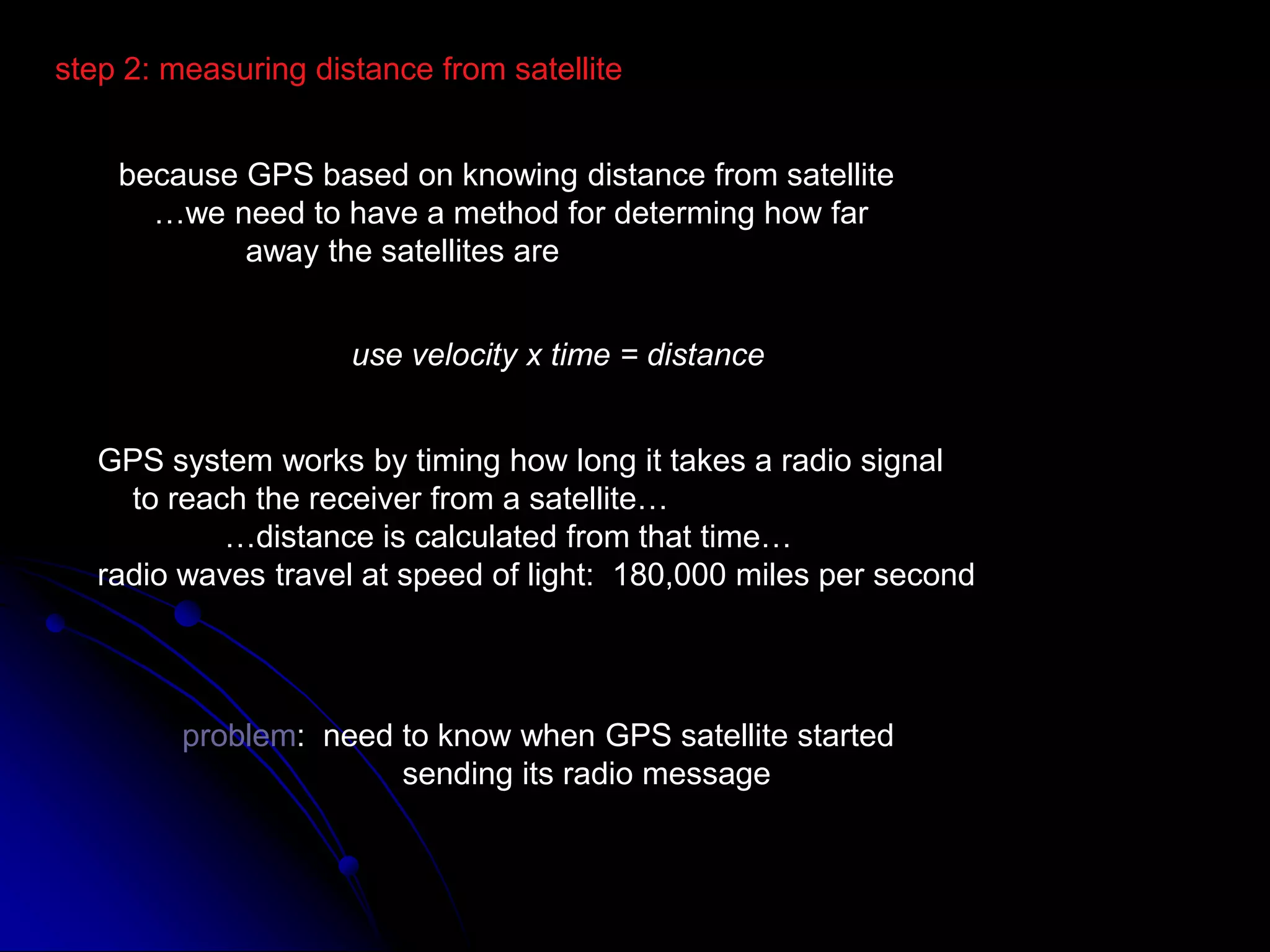 step 2: measuring distance from satellitebecause GPS based on knowing distance from satellite    …we need to have a method for determing how far	away the satellites areuse velocity x time = distanceGPS system works by timing how long it takes a radio signal    to reach the receiver from a satellite…	…distance is calculated from that time…radio waves travel at speed of light:  180,000 miles per secondproblem:  need to know when GPS satellite started                         sending its radio message