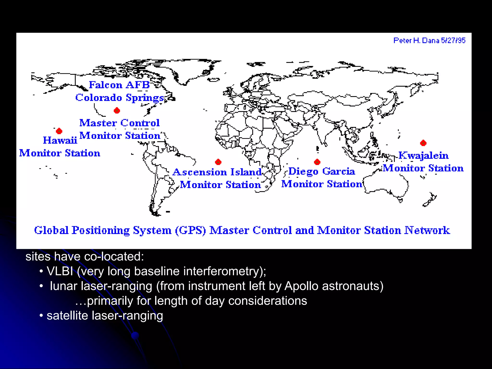 sites have co-located:     • VLBI (very long baseline interferometry);    •  lunar laser-ranging (from instrument left by Apollo astronauts)	…primarily for length of day considerations    • satellite laser-ranging