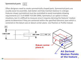 Symmetrical parts
Often designers need to create symmetrically shaped parts. Symmetrical parts are
usually easier to assemble, look better and help maintain balance in a design.
Features shown symmetrical must be controlled to avoid incomplete drawing
requirements (2.7.3 of ASME Y14.5M-1994). Symmetry is an option in these
situations, but it is difficult to measure since it requires deriving the features’ median
points to determine if they are contained within the specified tolerance zone which is
centered on the datum axis or datum center plane. Use Position or Profile instead.
30
 