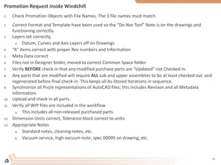 Promotion Request inside Windchill
1. Check Promotion Objects with File Names. The 3 file names must match.
2. Correct Format and Template have been used so the “Do Not Tool” Note is on the drawings and
functioning correctly.
3. Layers set correctly,
a. Datum, Curves and Axis Layers off on Drawings
4. “A” items correct with proper Rev numbers and Information
5. Meta Data correct
6. Files not in Designer folder, moved to correct Common Space folder
7. Verify BEFORE check-in that any modified purchase parts are “Updated” not Checked in.
8. Any parts that are modified will require ALL sub and upper assemblies to be at least checked out and
regenerated before final check-in. This keeps all As-Stored Iterations in sequence.
9. Synchronize all Pro/e representations of AutoCAD files; this includes Revision and all Metadata
information.
10. Upload and check in all parts.
11. Verify all WIP files are included in the workflow
a. This includes all non-released purchased parts.
12. Dimension Units correct, Tolerance block correct to units
13. Appropriate Notes
a. Standard notes, cleaning notes, etc.
b. Vacuum service, high vacuum note, spec 00095 on drawing, etc.
41
 