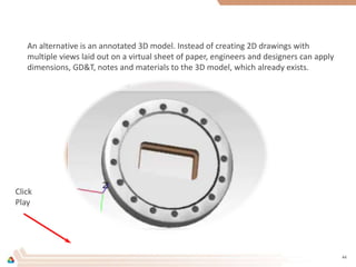 44
An alternative is an annotated 3D model. Instead of creating 2D drawings with
multiple views laid out on a virtual sheet of paper, engineers and designers can apply
dimensions, GD&T, notes and materials to the 3D model, which already exists.
Click
Play
 