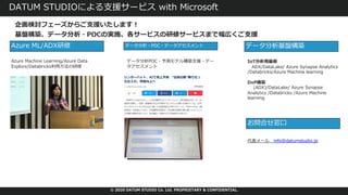© 2020 DATUM STUDIO Co. Ltd. PROPRIETARY & CONFIDENTIAL.
DATUM STUDIOによる⽀援サービス with Microsoft
企画検討フェーズからご⽀援いたします︕
基盤構築、データ分析・POCの実施、各サービスの研修サービスまで幅広くご⽀援
Azure Machine Learning/Azure Data
Explore/Databricks利⽤⽅法の研修
データ分析POC・予測モデル構築⽀援・デー
タアセスメント
Azure ML/ADX研修 データ分析・POC・データアセスメント
IoT分析⽤基板
ADX/DataLake/ Azure Synapse Analytics
/Databricks/Azure Machine learning
DxP構築
(ADX)/DataLake/ Azure Synapse
Analytics /Databricks /Azure Machine
learning
データ分析基盤構築
代表メール info@datumstudio.jp
お問合せ窓⼝
 