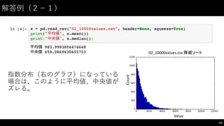 解答例（２−－１）
指数分布（右のグラフ）になっている
場合は、このように平均値、中央値が
ズレる。
102
Count
Value
02_10000values.csv	
  降順ソート
 