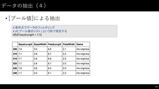 データの抽出（４）
• [ブール値]による抽出
118
#	
  条件文でデータのフィルタリング
#	
  df[	
  ブール値のリスト ]	
  という形で指定する
df[df.SepalLength >	
  7.5]
 
