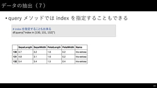 データの抽出（７）
• query メソッドでは index を指定することもできる
121
#	
  index	
  を指定することも出来る
df.query("index	
  in	
  [130,	
  131,	
  132]")
 