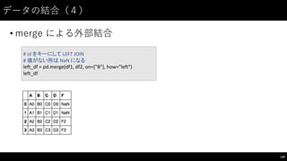 データの結合（４）
• merge  による外部結合
128
#	
  id	
  をキーにして LEFT	
  JOIN
#	
  値がない所は NaN になる
left_df =	
  pd.merge(df1,	
  df2,	
  on=["B"],	
  how="left")
left_df
 