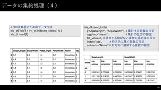 データの集約処理（４）
132
#	
  クロス集計のためのデータ作成
iris_df["idx"]	
  =	
  iris_df.index.to_series()	
  %	
  3
iris_df.head(7)
iris_df.pivot_table(
["SepalLength",	
  "SepalWidth"],	
  #	
  集計する変数の指定
aggfunc="mean",	
  	
  	
  	
  	
  	
  	
  	
  	
  	
  	
  	
  	
  	
  	
   #	
  集計の仕方の指定
fill_value=0,	
  	
  #	
  該当する値がない場合の埋め値の指定
index="idx",	
  	
   #	
  行方向に残す変数の指定
columns="Name"	
  #	
  列方向に展開する変数の指定
)	
  
 