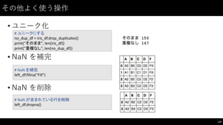 その他よく使う操作
• ユニーク化
• NaN を補完
• NaN を削除
133
#	
  ユニークにする
no_dup_df =	
  iris_df.drop_duplicates()
print("そのまま",	
  len(iris_df))
print("重複なし",	
  len(no_dup_df))
#	
  NaN を補完
left_df.fillna("Fill")
#	
  NaN が含まれている行を削除
left_df.dropna()
 