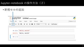 Jupyter-‑notebook  の操作⽅方法（２）
• 新規セルの追加
14
 