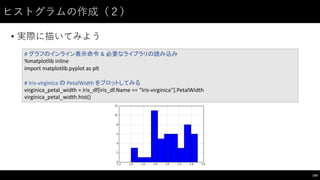 ヒストグラムの作成（２）
• 実際に描いてみよう
140
#	
  グラフのインライン表示命令 &	
  必要なライブラリの読み込み
%matplotlib inline
import	
  matplotlib.pyplot as	
  plt
#	
  Iris-­‐virginica の PetalWidth をプロットしてみる
virginica_petal_width =	
  iris_df[iris_df.Name ==	
  "Iris-­‐virginica"].PetalWidth
virginica_petal_width.hist()
 