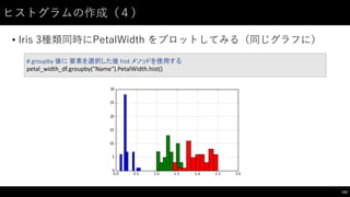 ヒストグラムの作成（４）
• Iris 3種類同時にPetalWidth をプロットしてみる（同じグラフに）
142
#	
  groupby 後に 要素を選択した後 hist メソッドを使用する
petal_width_df.groupby("Name").PetalWidth.hist()
 