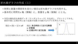 折れ線グラフの作成（１）
• 時間と数量の関係性を⾒見たい場合は折れ線グラフを利⽤用する。
• 基本的に時間をx 軸（横軸）に、数量を y 軸（縦軸）にとる。
• 今回は擬似的な株価データ（ランダムウォーク）を⽣生成し、プロットしてみる。
直前の値に正規分布に従う乱数が加算され続けるモデルを考えてみる。
（上の式の意味がわからなくてもグラフ描くのには問題ないです）
148
S 𝑡 = 𝑆 𝑡 − 1 + 𝑎𝑁 S 𝑡 ： ある時刻 t における株価
𝑎:	
  定数値
N: 正規分布に従う乱数
N
 