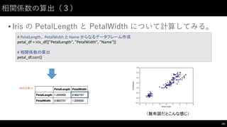 相関係数の算出（３）
• Iris の PetalLength と PetalWidth について計算してみる。
161
#	
  PetalLength、 PetalWidth と Name	
  からなるデータフレーム作成
petal_df =	
  iris_df[["PetalLength",	
  "PetalWidth",	
  "Name"]]
#	
  相関係数の算出
petal_df.corr()
（散布図だとこんな感じ）
 