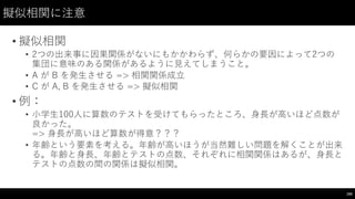 擬似相関に注意
• 擬似相関
• 2つの出来事に因果関係がないにもかかわらず、何らかの要因によって2つの
集団に意味のある関係があるように⾒見えてしまうこと。
• A が B を発⽣生させる => 相関関係成⽴立
• C が A,  B  を発⽣生させる => 擬似相関
• 例：
• ⼩小学⽣生100⼈人に算数のテストを受けてもらったところ、⾝身⻑⾧長が⾼高いほど点数が
良かった。
=> ⾝身⻑⾧長が⾼高いほど算数が得意？？？
• 年齢という要素を考える。年齢が⾼高いほうが当然難しい問題を解くことが出来
る。年齢と⾝身⻑⾧長、年齢とテストの点数、それぞれに相関関係はあるが、⾝身⻑⾧長と
テストの点数の間の関係は擬似相関。
165
 