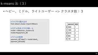 k-‑means  法（３）
• ヘビー、ミドル、ライトユーザー => クラスタ数：３
196
#	
  ライブラリ読み込み
from	
  sklearn.cluster import	
  KMeans
#	
  モデル作成 (クラスタ数 =	
  3)
model	
  =	
  KMeans(n_clusters=3)
model.fit(payment_df)
#	
  ラベルの取得
payment_df["label"]	
  =	
  model.labels_
payment_df.head()
 