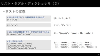 リスト・タプル・ディクショナリ（２）
• リストの定義
37
#	
  リストを利用することで複数要素を並べられる
[1,	
  2,	
  3,	
  4,	
  5]
["a",	
  "b",	
  "c"]
#	
  リストは同じ種類（型）のデータでなくても並べられる
[1,	
  "tanaka",	
  "taro",	
  32,	
  "male"]
#	
  入れ子にもできる
[[1,	
  "tanaka",	
  "taro",	
  32,	
  "male"],	
  
[2,	
  "suzuki",	
  "jiro",	
  20,	
  "male"],
[3,	
  "suzuki",	
  "hanako",	
  26,	
  "female"]]
 