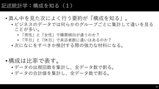 記述統計学：構成を知る（１）
• 真ん中を⾒見た次によく⾏行う要約が「構成を知る」。
• ビジネスのデータでは何らかのグループごとに集計して違いを⾒見る
ことが多い。
• 「男性」と「⼥女性」で購買傾向が違うのか？
• 「平⽇日」と「休⽇日」で来店者数に違いはあるのか？
• 次になにをすべきか検討する際の強⼒力な材料になる。
•構成は⽐比率で表す。
• データの出現回数を集計し、全データ数で割る。
• データの合計値を集計し、全データ数で割る。
84
 