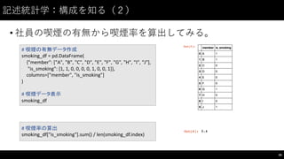 記述統計学：構成を知る（２）
• 社員の喫煙の有無から喫煙率を算出してみる。
85
#	
  喫煙の有無データ作成
smoking_df =	
  pd.DataFrame(
{"member":	
  ["A",	
  "B",	
  "C",	
  "D",	
  "E",	
  "F",	
  "G",	
  "H",	
  "I",	
  "J"],
"is_smoking":	
  [1,	
  1,	
  0,	
  0,	
  0,	
  0,	
  1,	
  0,	
  0,	
  1]},
columns=["member",	
  "is_smoking"]
)
#	
  喫煙データ表示
smoking_df
#	
  喫煙率の算出
smoking_df["is_smoking"].sum()	
  /	
  len(smoking_df.index)
 