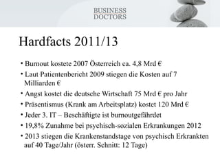Hardfacts 2011/13 
• Burnout kostete 2007 Österreich ca. 4,8 Mrd € 
• Laut Patientenbericht 2009 stiegen die Kosten auf 7 
Milliarden € 
• Angst kostet die deutsche Wirtschaft 75 Mrd € pro Jahr 
• Präsentismus (Krank am Arbeitsplatz) kostet 120 Mrd € 
• Jeder 3. IT – Beschäftigte ist burnoutgefährdet 
• 19,8% Zunahme bei psychisch-sozialen Erkrankungen 2012 
• 2013 stiegen die Krankenstandstage von psychisch Erkrankten 
auf 40 Tage/Jahr (österr. Schnitt: 12 Tage) 
 
