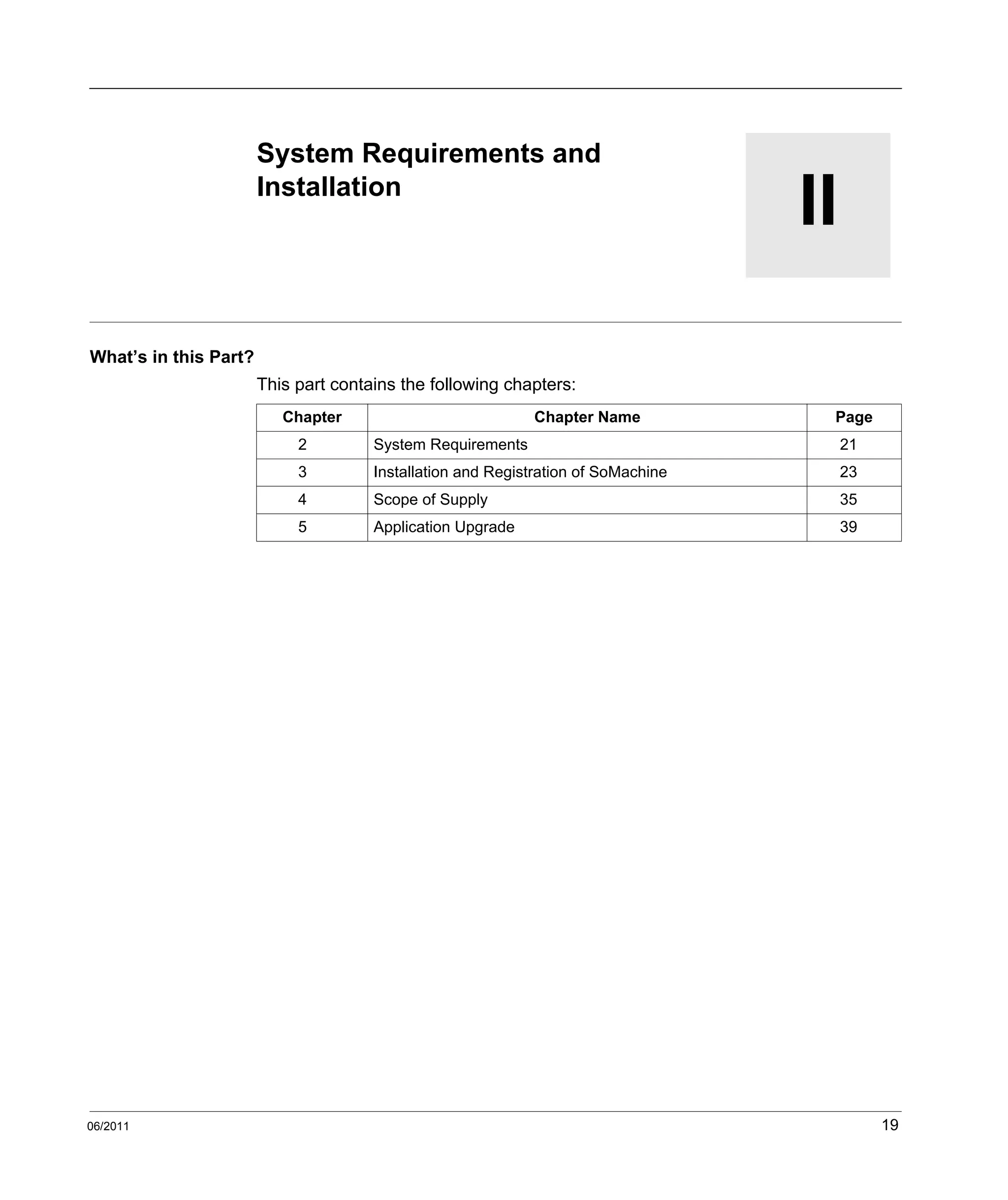 06/2011 19
II
System Requirements and Installation
06/2011
System Requirements and
Installation
What’s in this Part?
This part contains the following chapters:
Chapter Chapter Name Page
2 System Requirements 21
3 Installation and Registration of SoMachine 23
4 Scope of Supply 35
5 Application Upgrade 39
 
