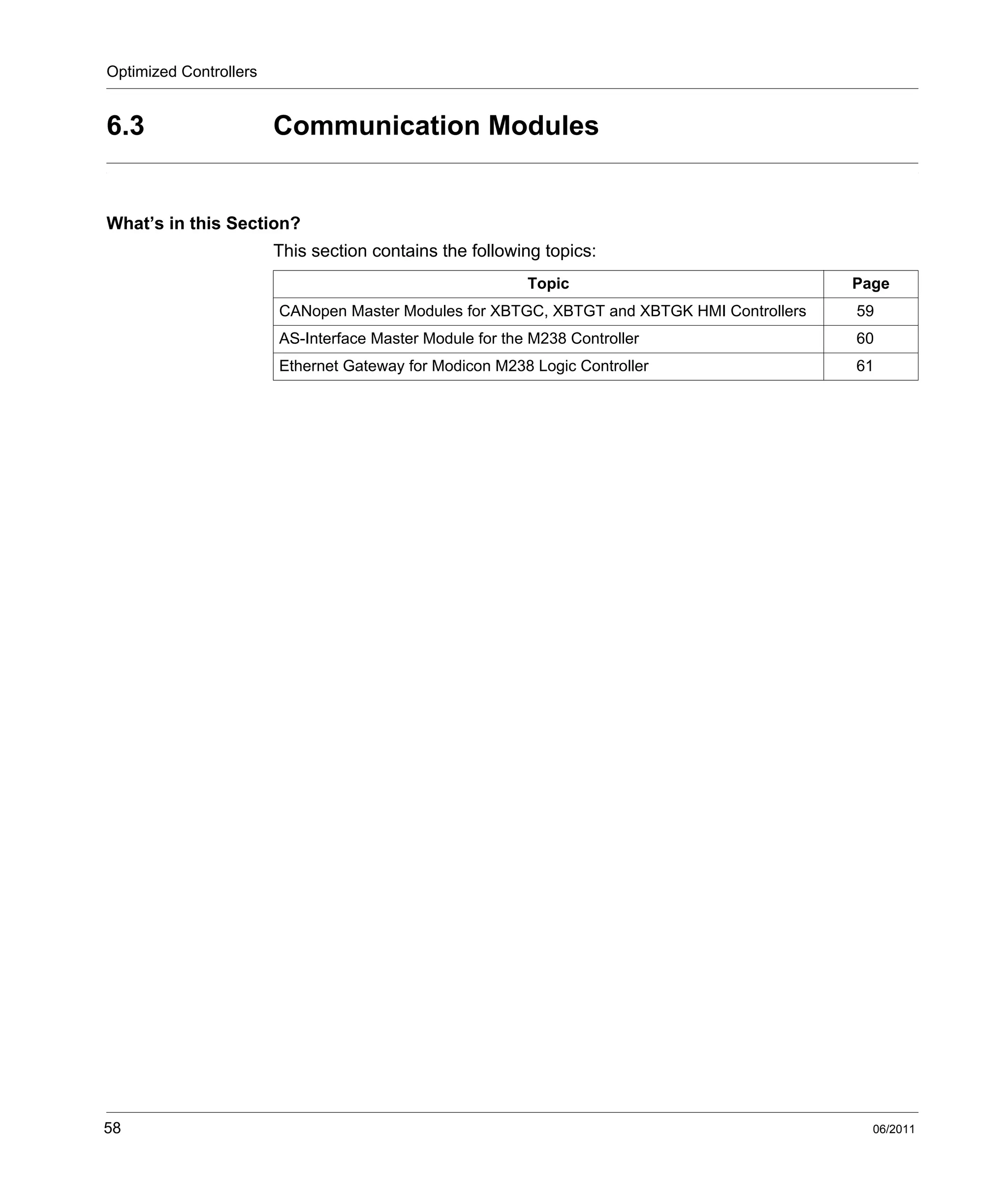 Optimized Controllers
58 06/2011
6.3 Communication Modules
What’s in this Section?
This section contains the following topics:
Topic Page
CANopen Master Modules for XBTGC, XBTGT and XBTGK HMI Controllers 59
AS-Interface Master Module for the M238 Controller 60
Ethernet Gateway for Modicon M238 Logic Controller 61
 