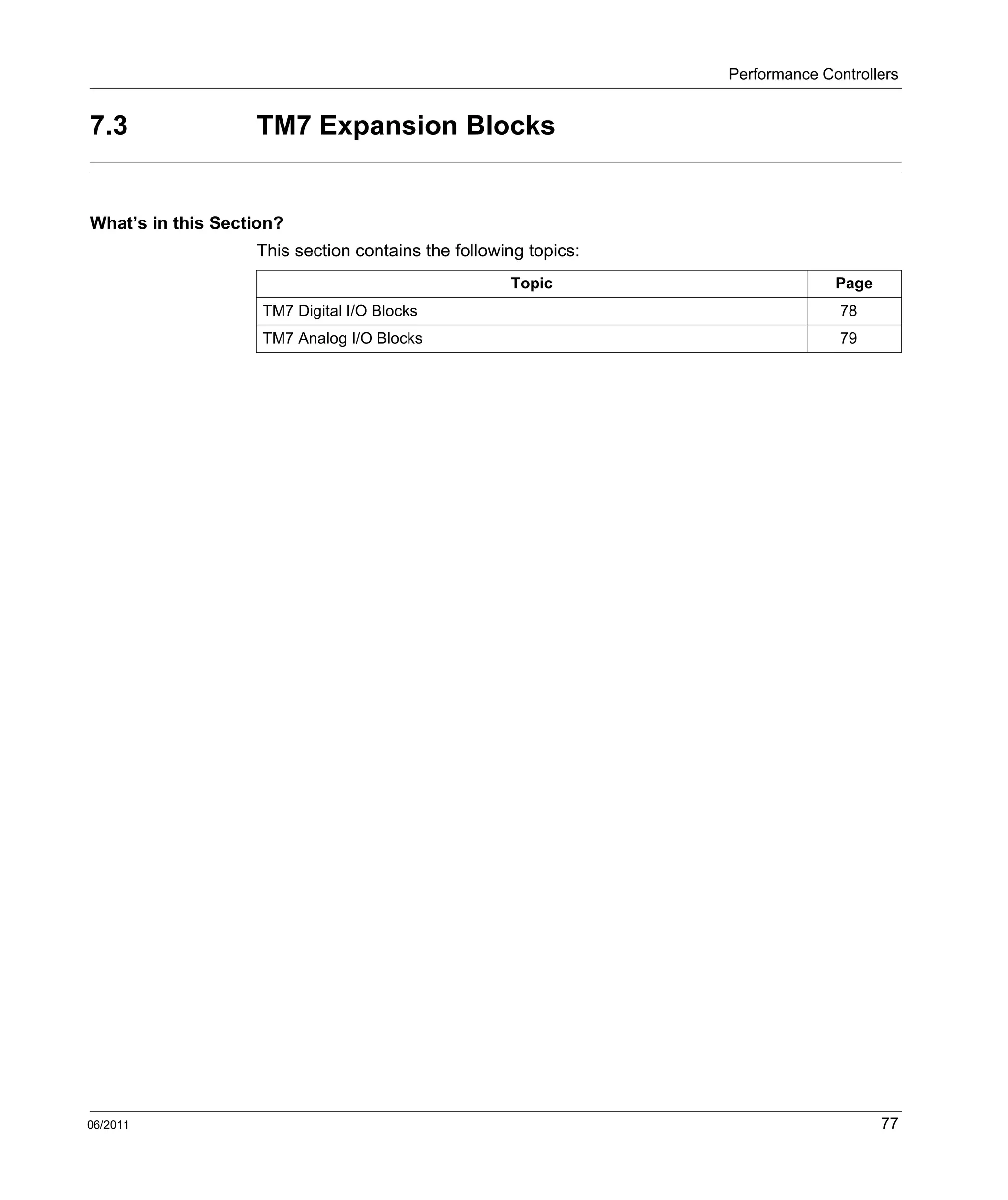 Performance Controllers
06/2011 77
7.3 TM7 Expansion Blocks
What’s in this Section?
This section contains the following topics:
Topic Page
TM7 Digital I/O Blocks 78
TM7 Analog I/O Blocks 79
 