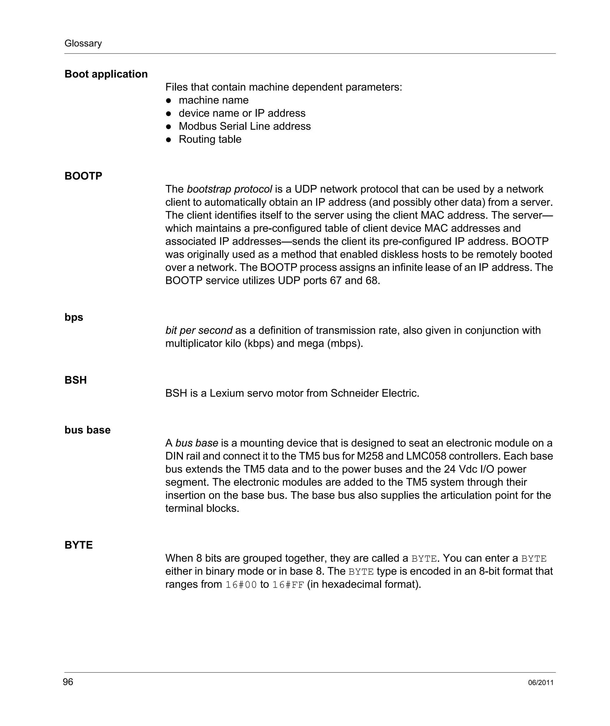 Glossary
96 06/2011
Boot application
Files that contain machine dependent parameters:
machine name
device name or IP address
Modbus Serial Line address
Routing table
BOOTP
The bootstrap protocol is a UDP network protocol that can be used by a network
client to automatically obtain an IP address (and possibly other data) from a server.
The client identifies itself to the server using the client MAC address. The server—
which maintains a pre-configured table of client device MAC addresses and
associated IP addresses—sends the client its pre-configured IP address. BOOTP
was originally used as a method that enabled diskless hosts to be remotely booted
over a network. The BOOTP process assigns an infinite lease of an IP address. The
BOOTP service utilizes UDP ports 67 and 68.
bps
bit per second as a definition of transmission rate, also given in conjunction with
multiplicator kilo (kbps) and mega (mbps).
BSH
BSH is a Lexium servo motor from Schneider Electric.
bus base
A bus base is a mounting device that is designed to seat an electronic module on a
DIN rail and connect it to the TM5 bus for M258 and LMC058 controllers. Each base
bus extends the TM5 data and to the power buses and the 24 Vdc I/O power
segment. The electronic modules are added to the TM5 system through their
insertion on the base bus. The base bus also supplies the articulation point for the
terminal blocks.
BYTE
When 8 bits are grouped together, they are called a BYTE. You can enter a BYTE
either in binary mode or in base 8. The BYTE type is encoded in an 8-bit format that
ranges from 16#00 to 16#FF (in hexadecimal format).
 