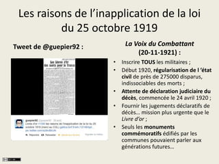 Les raisons de l’inapplication de la loi 
du 25 octobre 1919 
Tweet de @guepier92 : La Voix du Combattant 
(20-11-1921) : ...